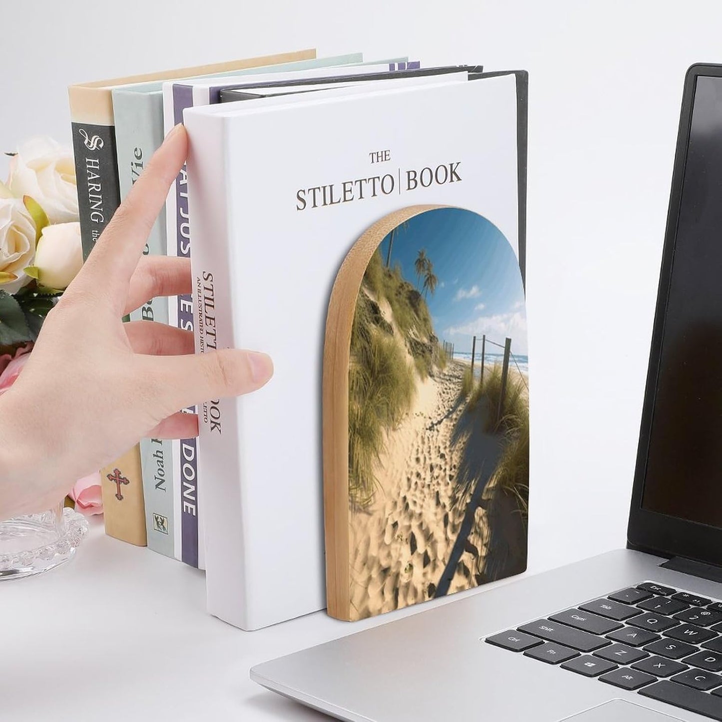 Beach Themed Bookend for Shelves Wooden Book End Large Size Sturdy Book Holders Stoppers with Metal Base for Bookshelves Slick Decorative Bookends Stands
