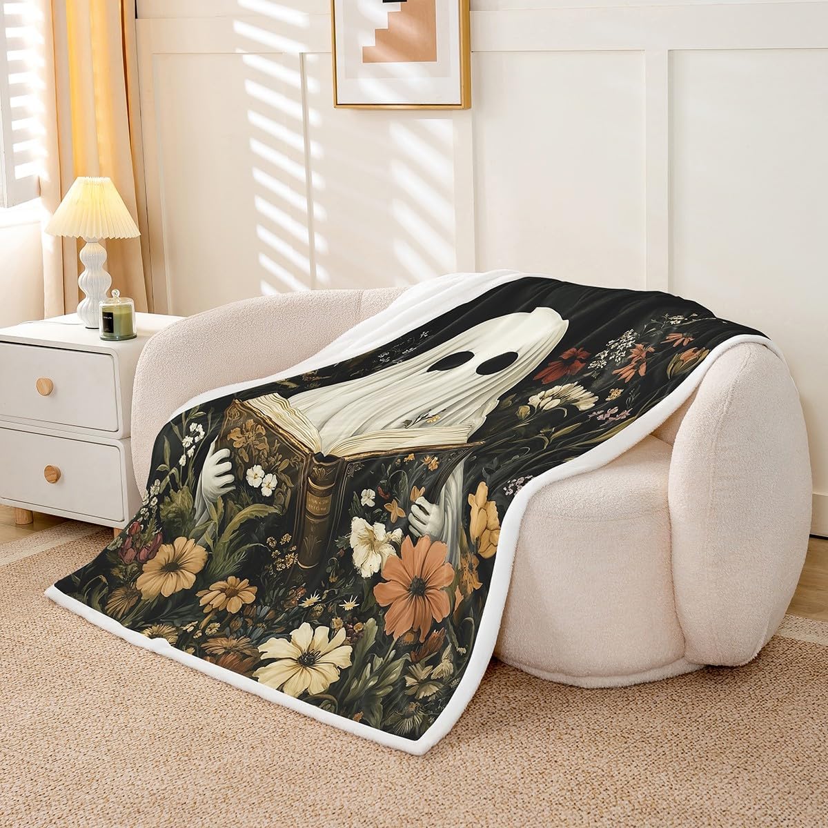 Manfei Halloween Throw Blanket Cute Ghost Reading Theme Fleece Blanket, Wildflower Leaves Print Cozy Throws for Bed Couch Sofa, Kids Girls Room Decor, Soft and Breathable(90 x 90 Inches)