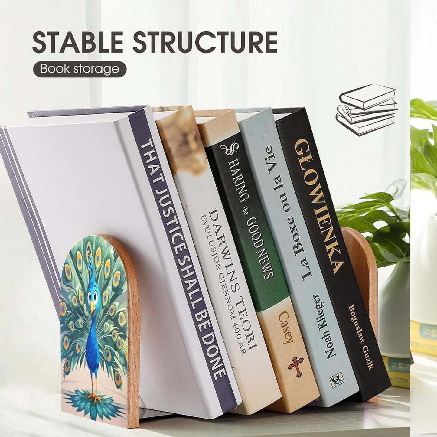 Cartoon Blue Peacock Bookends 1 Pair Heavy Duty Book Ends for Shelves Non-Skid Bookend Supports Wooden Book Holders with Metal Base Desk Organizers Books Storage to Hold Books
