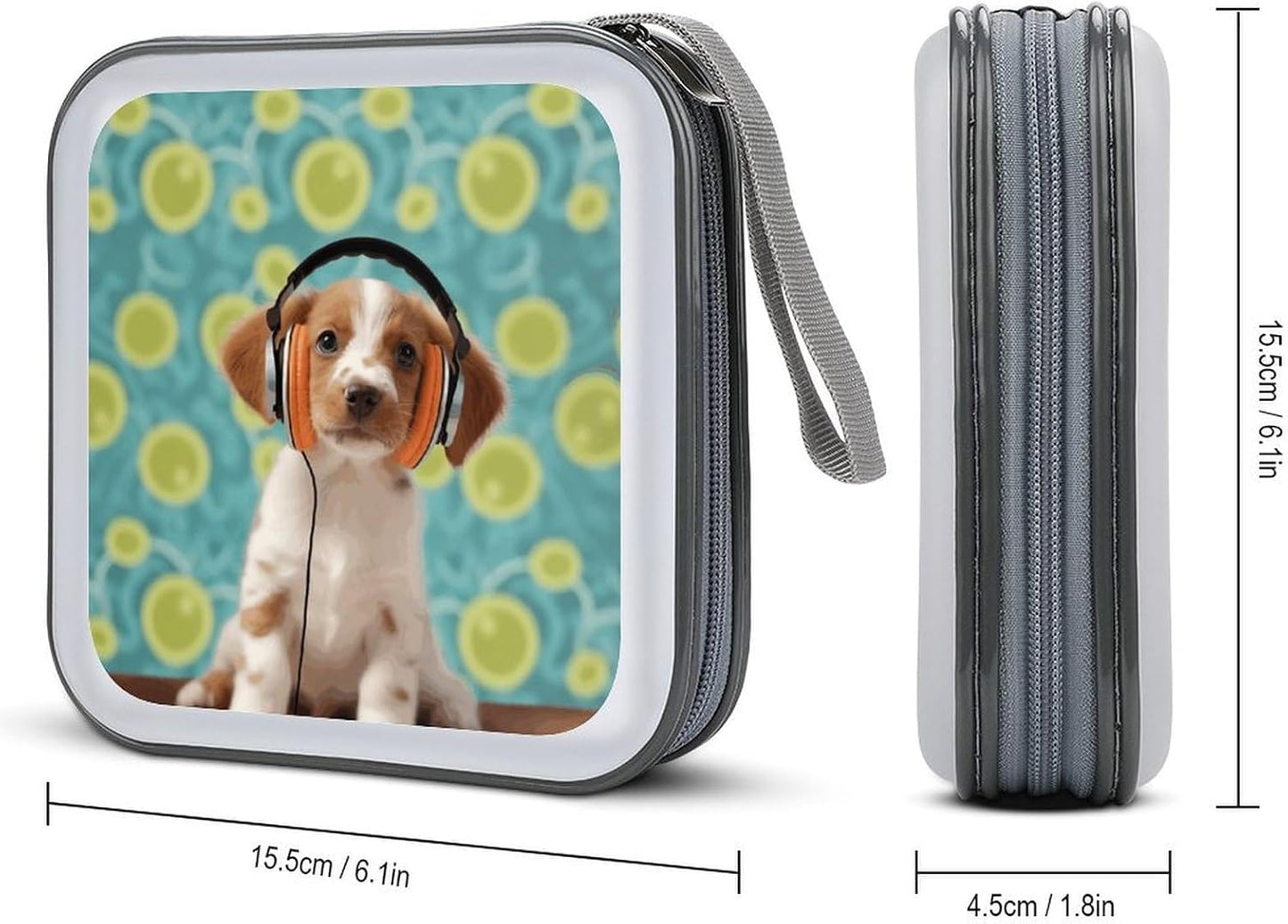 Puppy with Headphones CD Case 40 Capacity Case Zipper CD Collection Bag with Handles Cover DVD Storage Hard Plastic DVD Disc Cases Storage Binder for Car Home Office Travel