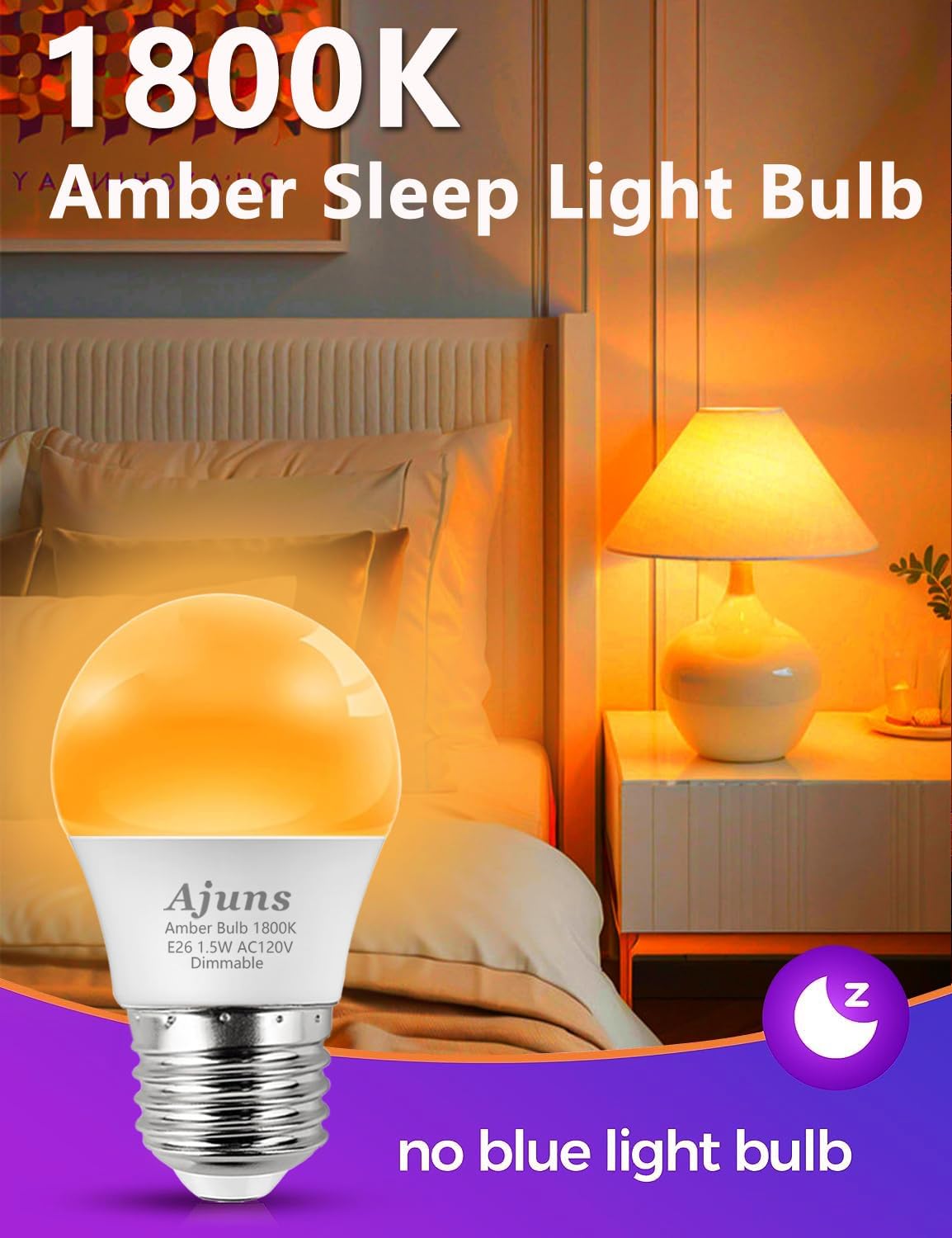 Amber Sleep Light Bulb Dimmable, Blue Light Blocking, A15 E26 1.5W 15 Watt Equivalent Dim Light Bulb, 1800K Warm Bulb for Healthy Sleep, Bedroom, Children's Room,4pack
