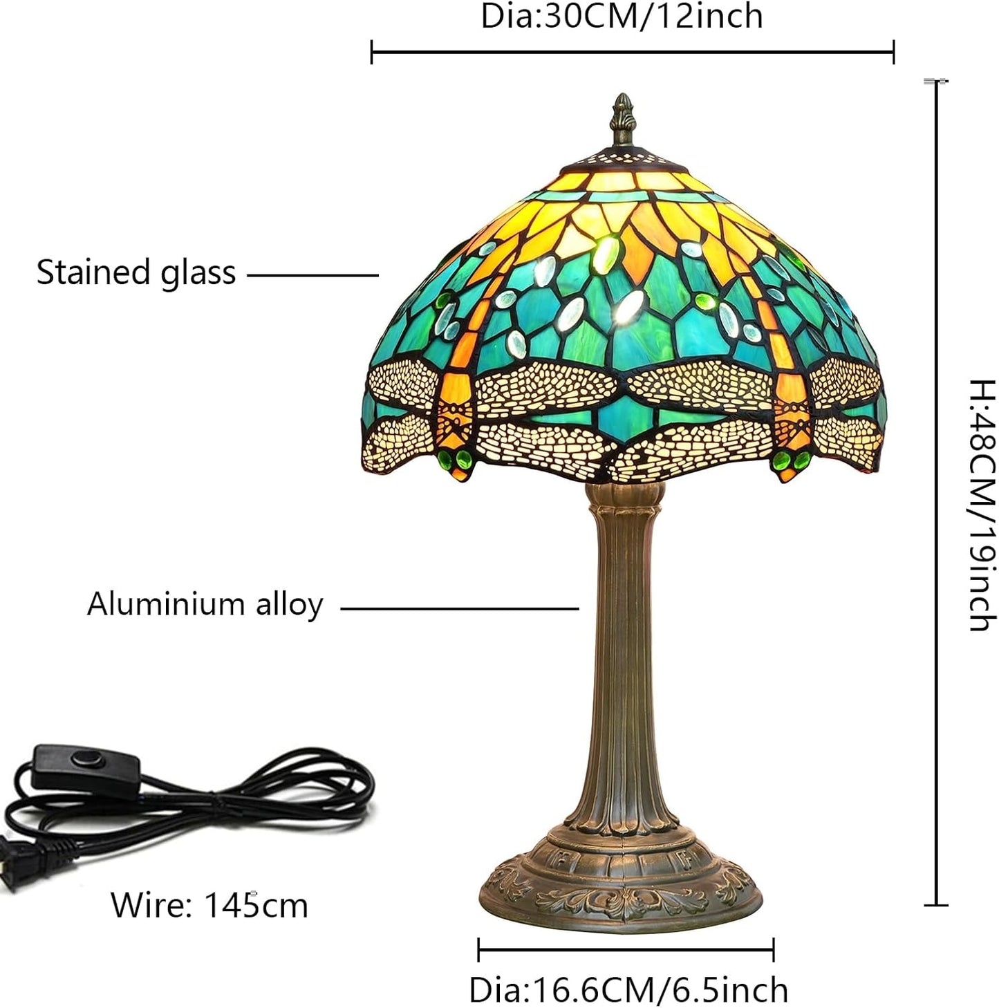 Tiffany Lamp Green Dragonfly Style Stained Glass Lamps Teal Bedroom Bedside Table Lamp for Dorm Office Art Craft Antique Decor Accent Aesthetic Nightstand Retro Metal Reading Lamps 12 inch