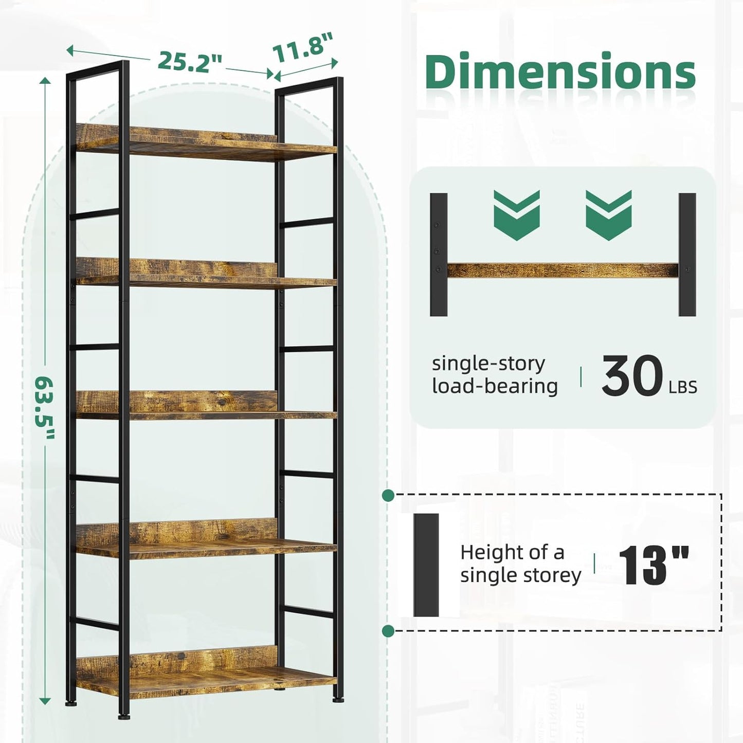Bookshelf, 5 Tier Industrial Bookcase, Vertical Tall Bookshelf, Wood and Black Metal Open Shelves, Farmhouse Storage Rack for Living Room, Home Office, Bedroom, Rustic Brown