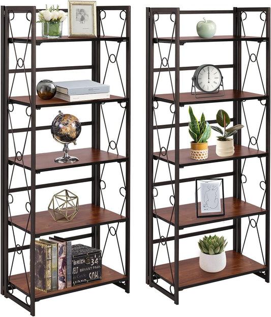 VECELO 5 Tier Bookshelf, Industrial Folding Bookcase with Metal Frames,Modern Standing Storage Rack Shelf Organizer for Home and Office,