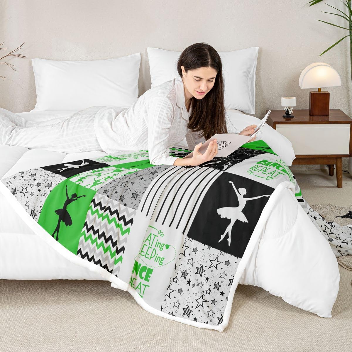 Erosebridal Ballet Throw Blanket Patchwork Buffalo Plaid Fleece Blanket for Girls Women,Galaxy Stars Blanket Dance Hobby Activity Blanket 50"x60",Square Chequer Grid Plaid Room Decor,Green