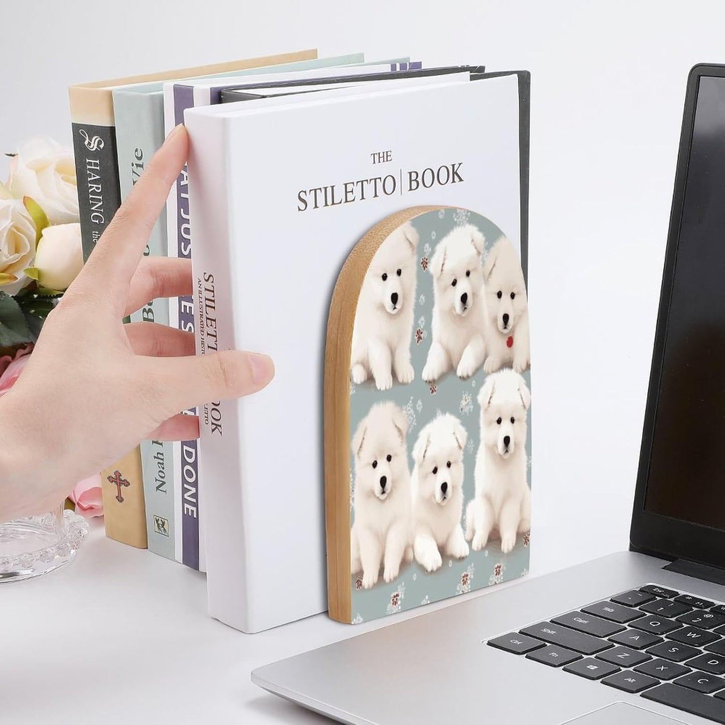 Little White Dogs Pattern Bookend for Shelves Wooden Book End Large Size Sturdy Book Holders Stoppers with Metal Base for Bookshelves Slick Decorative Bookends Stands