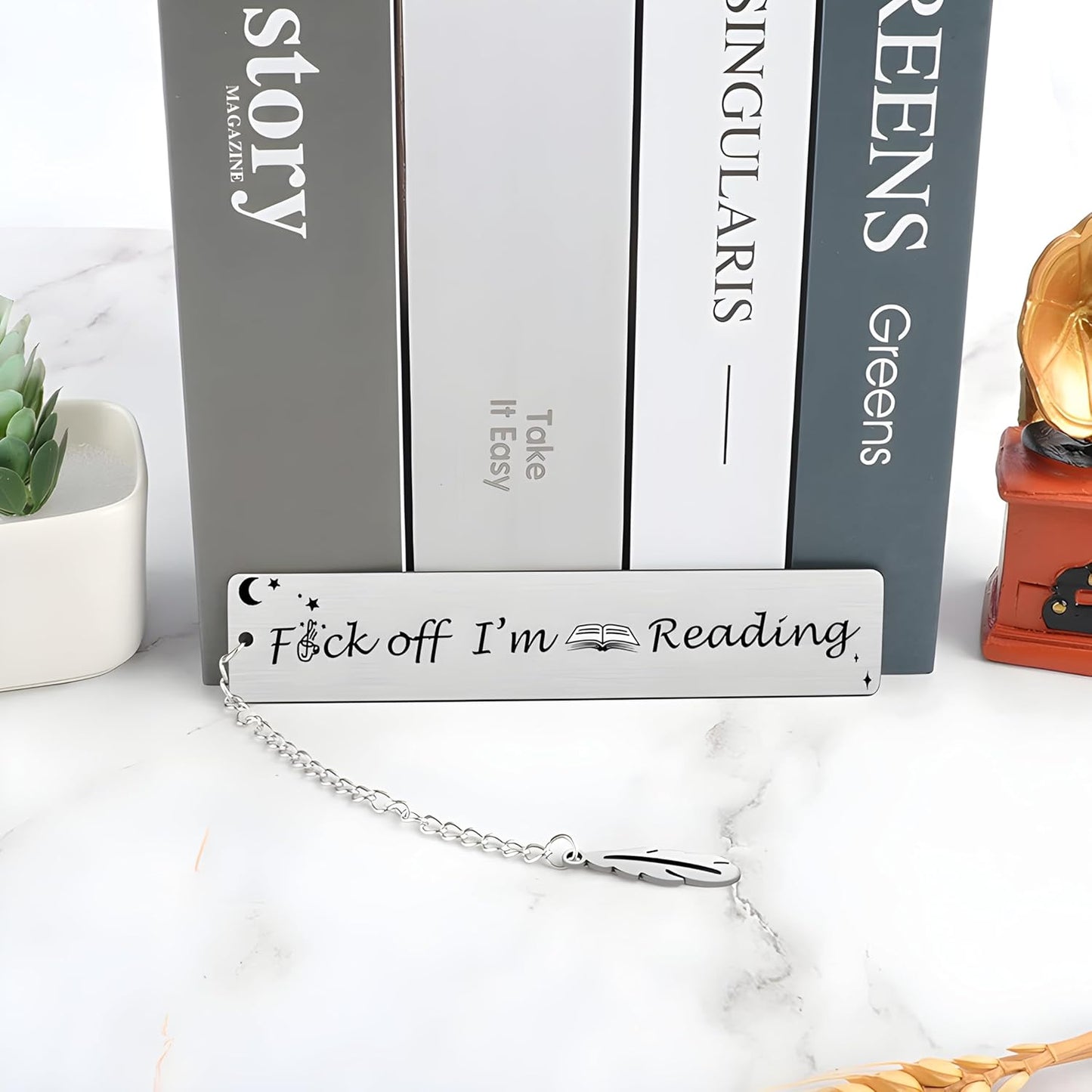 Metal Bookmark Gift, Engraved 'Fuck Off I'm Reading' Stainless Steel Leaf Pendant Book Mark, 1 Count, Silver