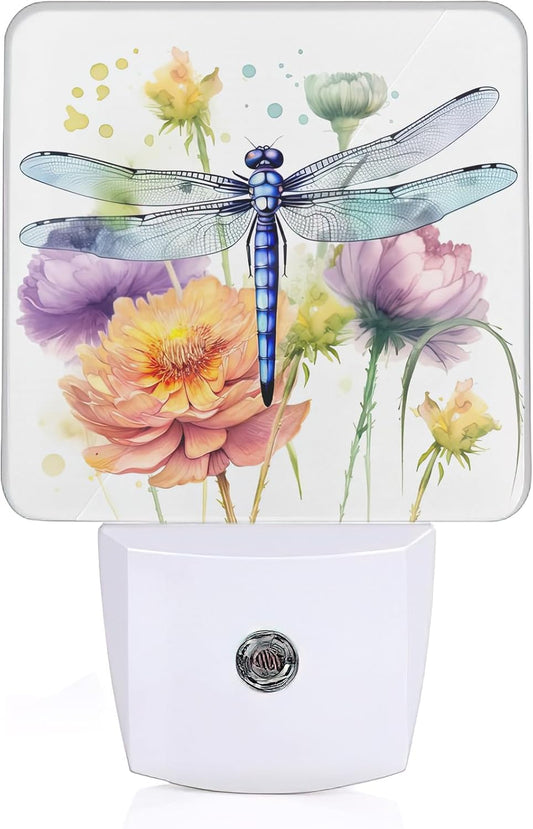 Dragonfly Watercolor Dusk to Dawn Night Light, Auto Sensor Lamp Home Indoor Stairway Kitchen Corridor, Night Lights Plug into Wall Decor, Boys Girls Women Men Room Gifts
