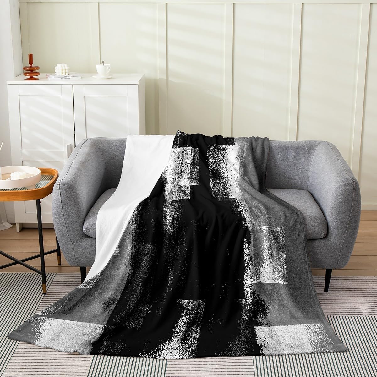 Erosebridal Adults Black Blanket,Retro Black White Grey Tie Dye Throw Blanket for Kids Boys Girls,Hippie Grunge Graffiti Fleece Blanket Lightweight,Oil Painting Fuzzy Blanket Throw 50x60 Inch