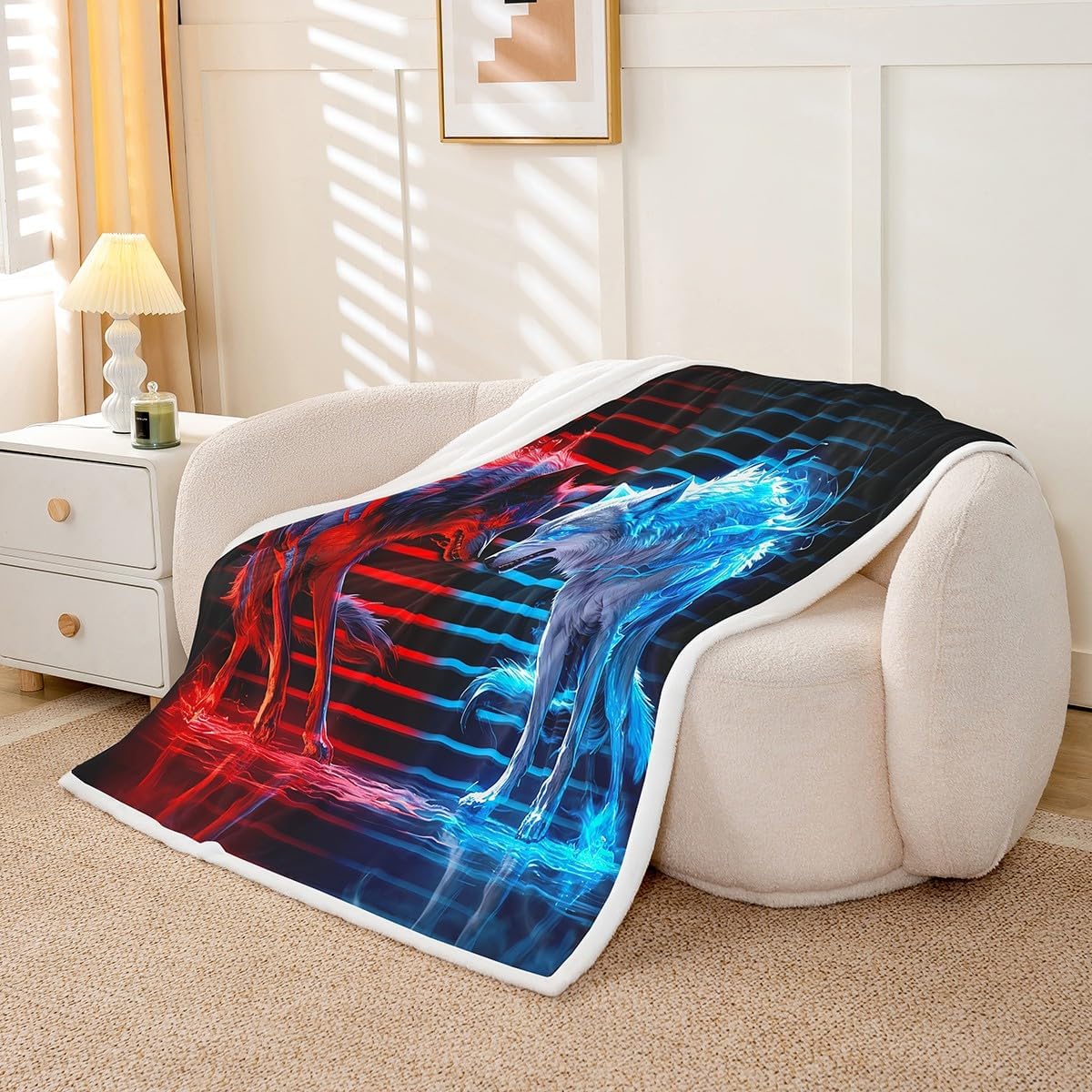 Feelyou Wolf Fleece Throw Blanket Adult Red Blue Wolf Blanket for Kids Boys Mighty Animal Plush Blanket Red Blue Stirpe Fuzzy Blanket for Sofa Bed Couch,Twin 60x80 Inches