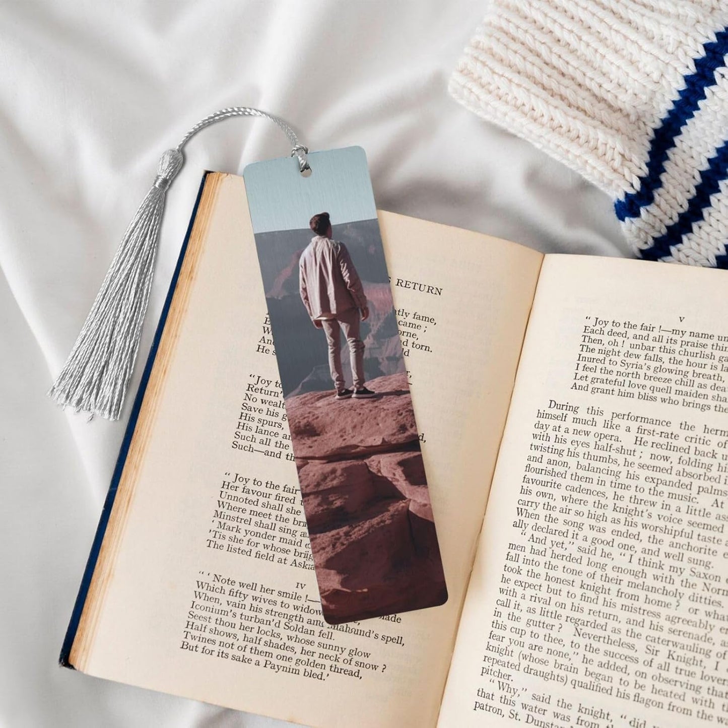 Man on Top of Canyon Bookmarks Gifts for Women Men, Wooden Bookmarks for Book Lovers, Vintage Book Marks Ornaments with Tassel, Unique Personalized Reading Page Markers Gray