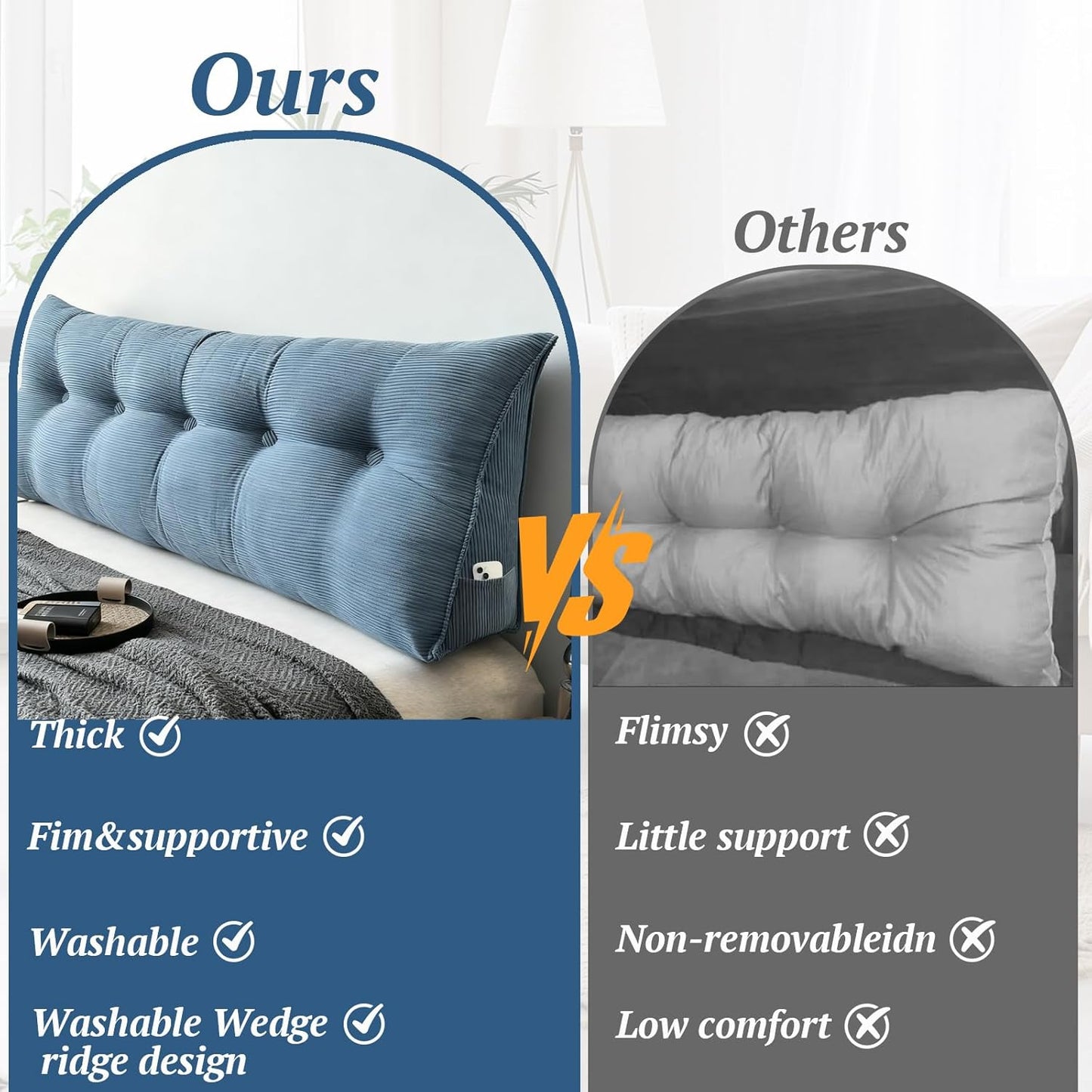Djft Wedge Headboard Pillow for Bed Sitting & Reading, Bed Backrest Reading Cushion with Removable Cover, Large Sitting Support Pillow with Side Pockets (Blue, King 76in)