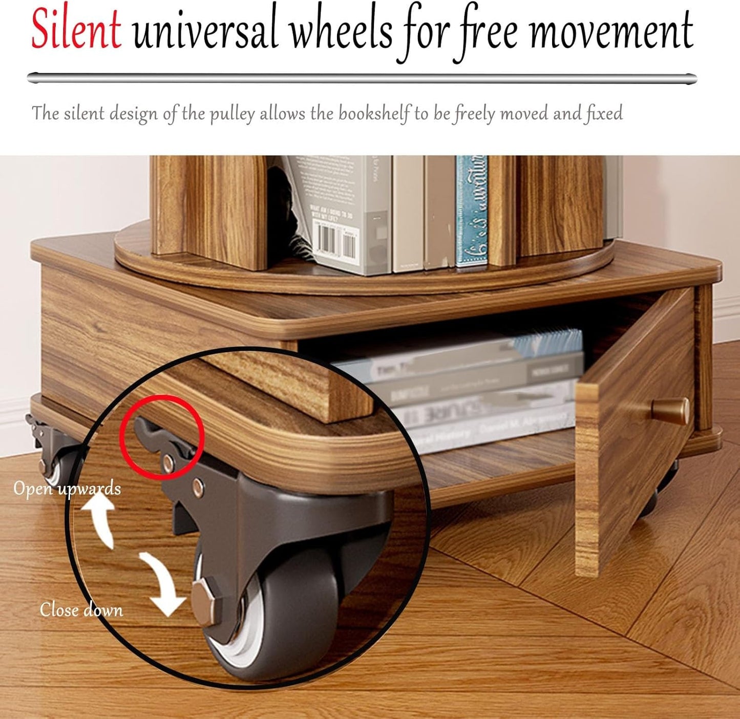 4/5 Tier Round Rotating Bookshelf 360° Spinning Bookshelf Tower Movable Floorstanding Bookcase With Wheels，spinning Storage Tower Corner Bookshelf For Small Space For Bedroom, Living Room(Walnut,4tier