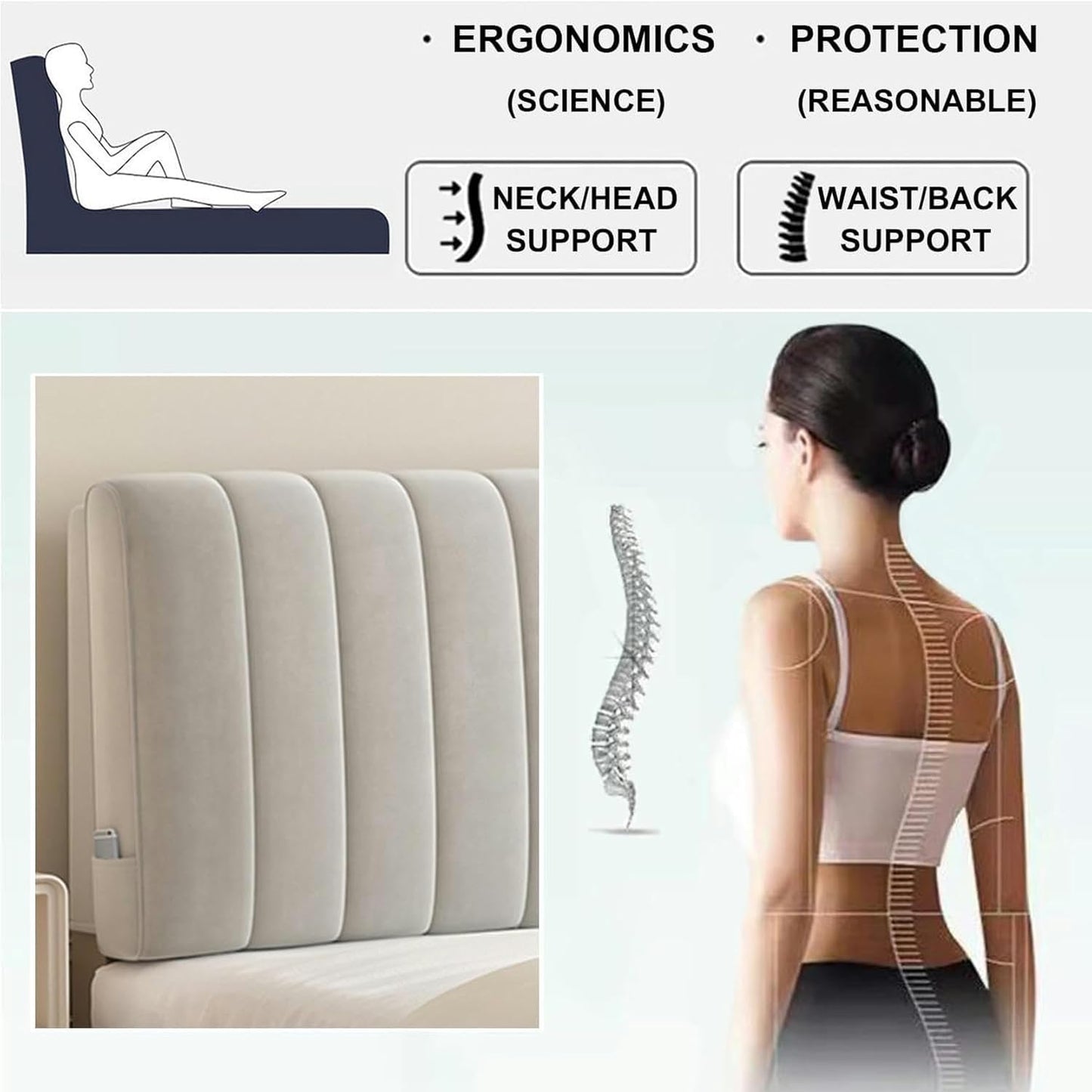 AMNOOL Rectangle Upholstered Headboard Cushion Reading Pillow Stripe Headboard Pillow Large Backrest Solid Color Bed Rest Pillowboard Daybed Bunk Bed Dorm Bolster