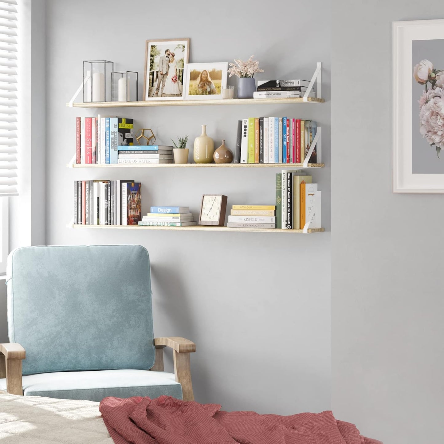 Wallniture Bora Long Floating Shelves, 48" x 6" Wall Bookshelf Living Room Decor, Rustic Wall Mounted Shelves for Bedroom, Office, Kitchen and Bathroom, Set of 3, Burnt