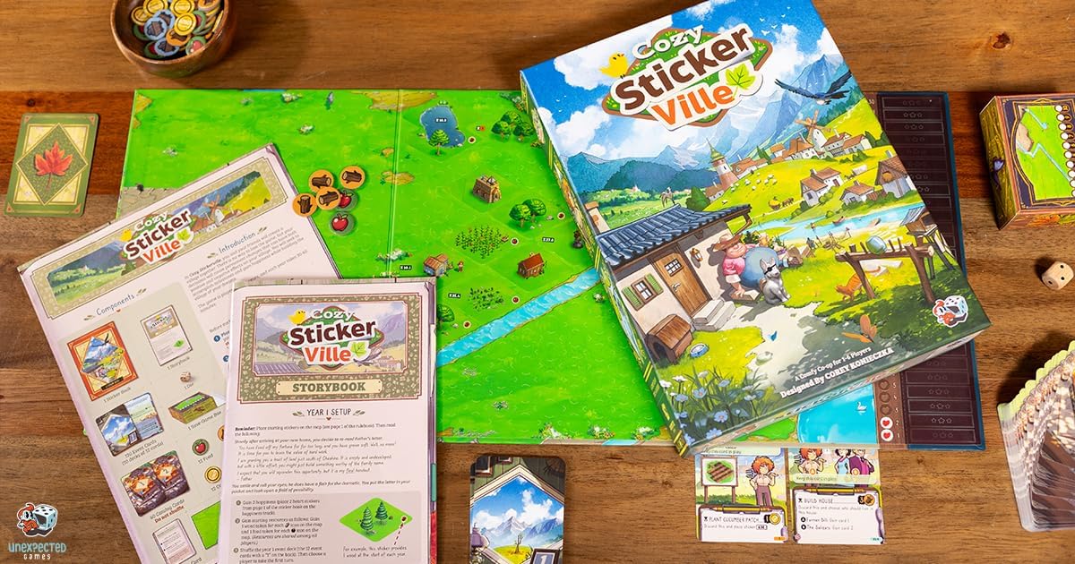 Asmodee Cozy Stickerville Board Game - Narrative Strategy Game of Village Building & Storytelling, Family-Friendly Fun for Kids & Adults, Ages 8+, 1-6 Players, 30 Minute Playtime