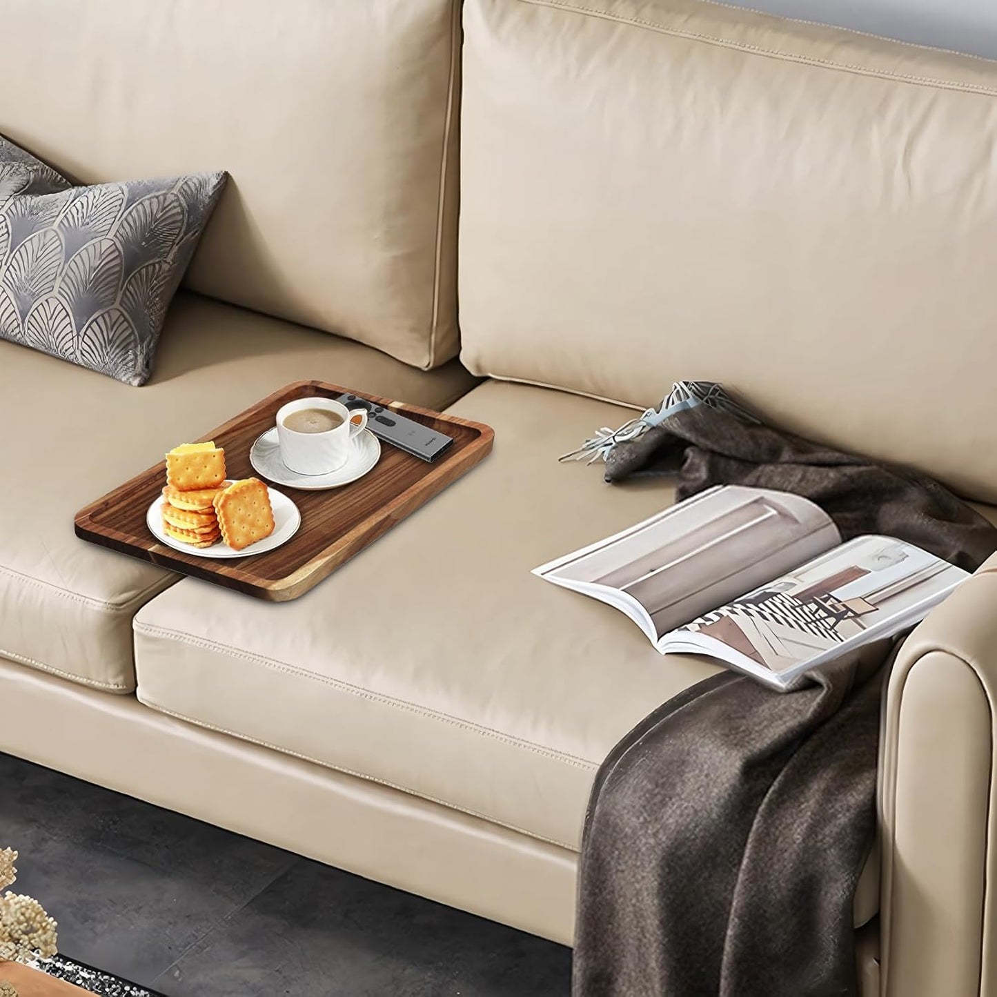 Sofa Tray, Solid Wood Tray Table Foldable, Couch Desk No Odor for Drinks Snacks Phone Remote Control (Square-Shaped)
