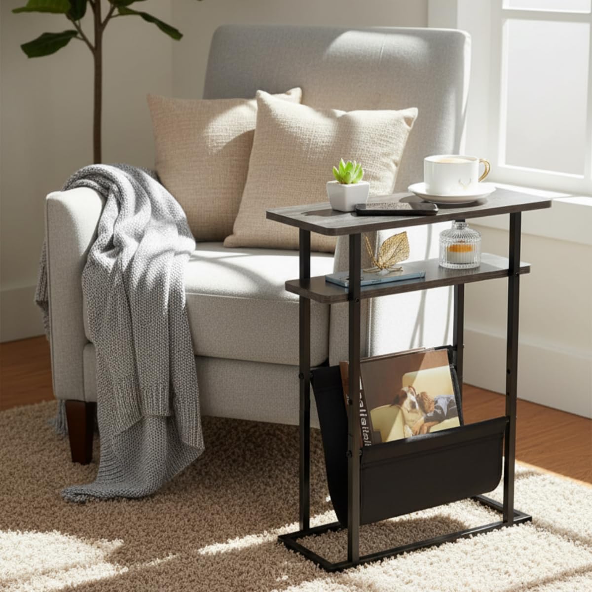 Narrow Small Side Table for Small Spaces - Slim End Table with Magazine Rack - Narrow End Table Living Room Couch Side Table- Skinny Bedside Table Nightstand Bedroom Thin Side Table (Grey)
