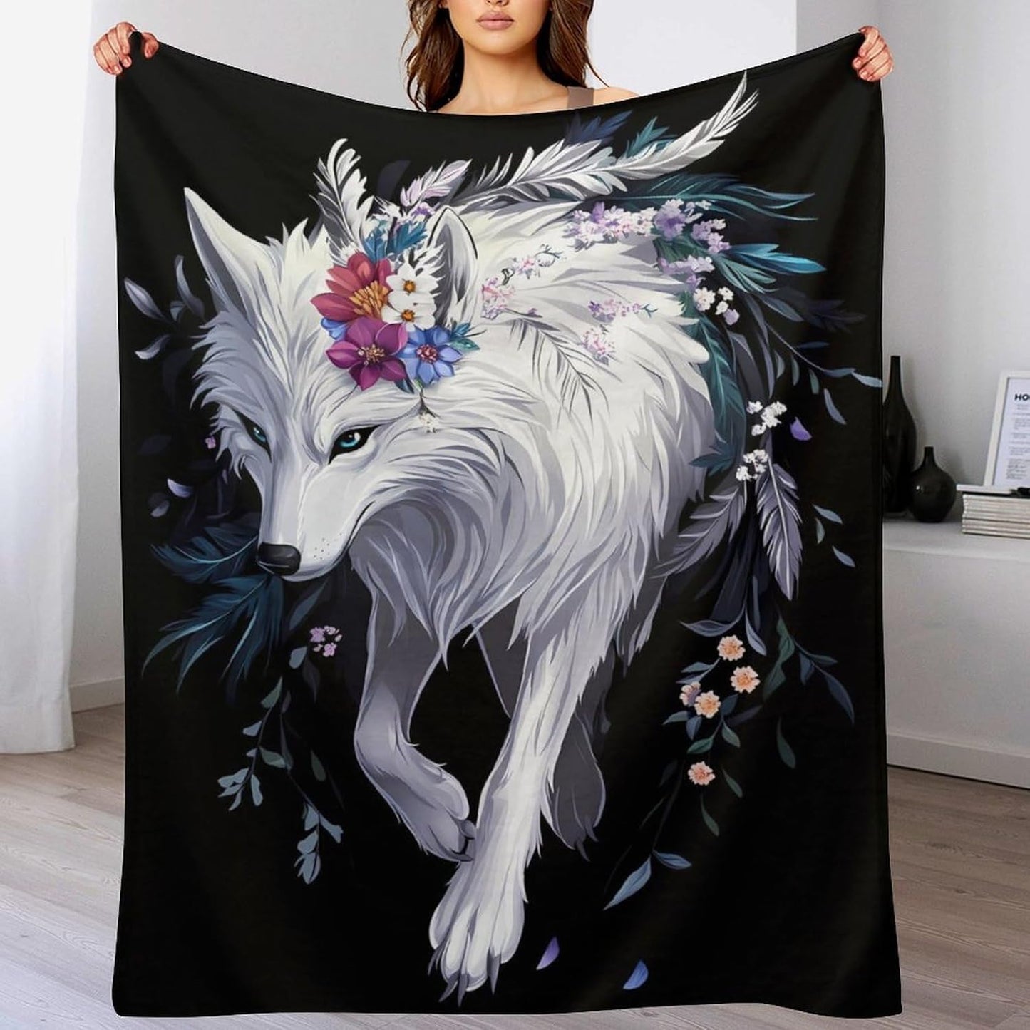 Flower Wolf Throw Blanket for Couch Bed Plush Cozy Fuzzy Flannel Blanket for All Season 55"x70"