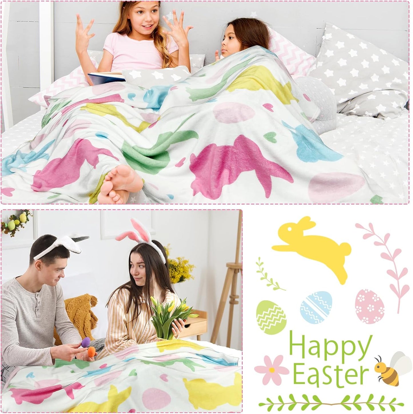 Easter Blanket Spring Bunny Rabbit Eggs Soft Flannel Colorful Decorative Throw Blanket Decor Holiday Square Birthday Gift for Home Couch Sofa Bed Room Decoration, 50x60 Inch