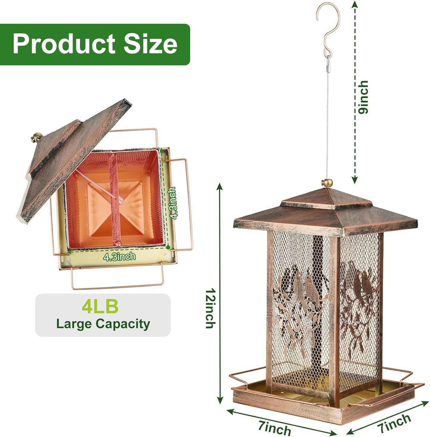 LBTING Bird Feeder for Outside, Metal Lantern-Shaped Bird Feeder, Squirrel Proof Wild Bird Feeders for Hanging Outdoor Garden Yard, Birds Pattern