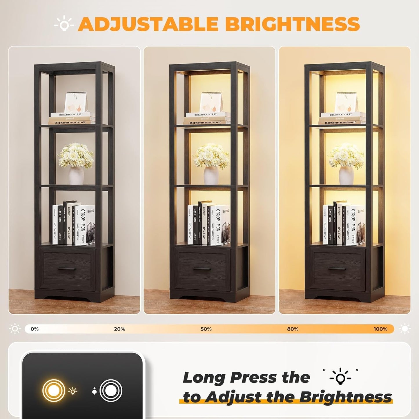 Display Shelf with 3 Color Light, Bookshelf with Drawer, Dimmable Display Cabinet for Collectibles, Bookcase, Display Case for Books, Trophies, Toys, Black