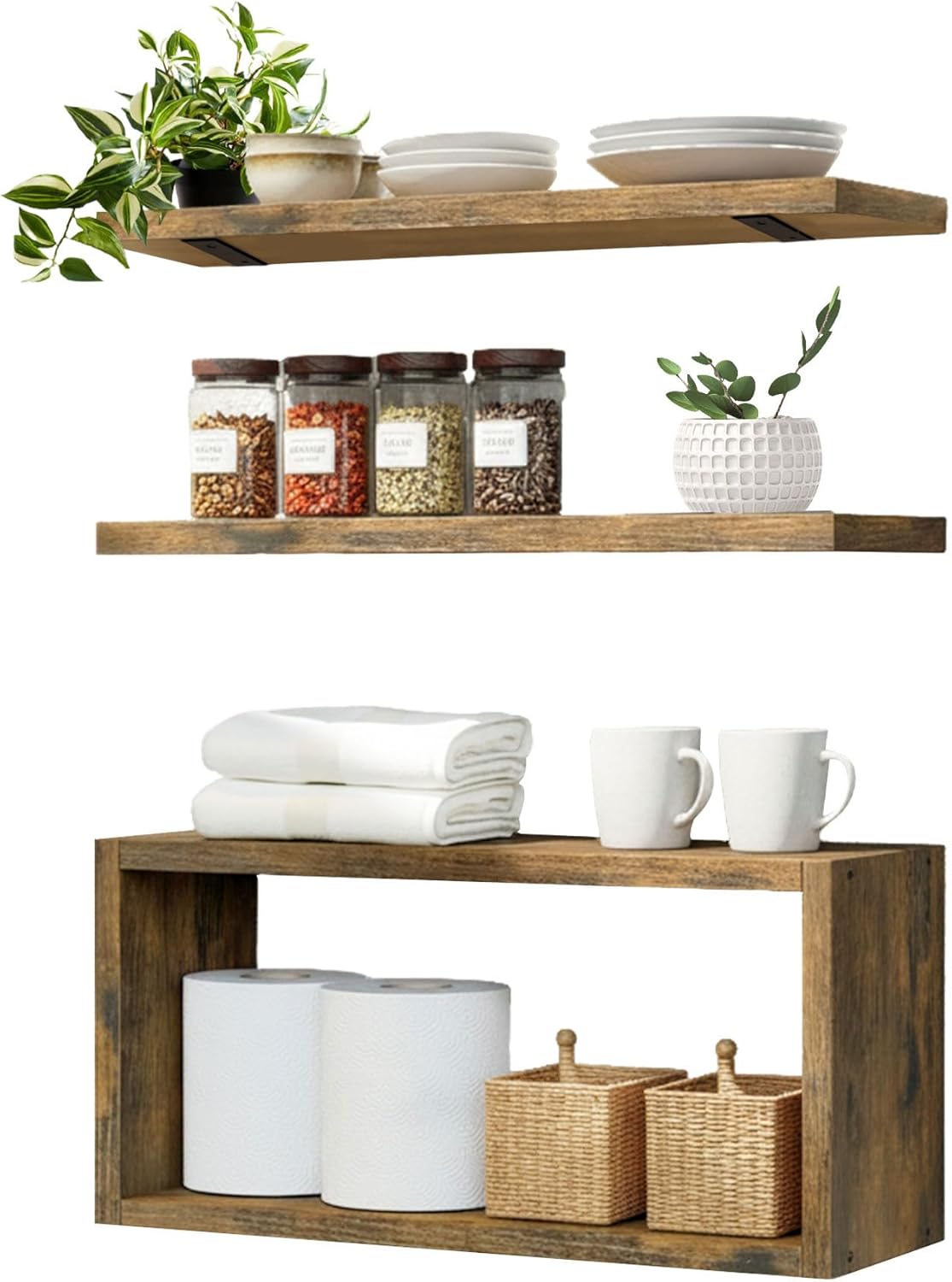 Wall Mounted Floating Shelf, c Long for Bedroom Living Room Kitchen Staircase Bathroom Above Toilet Wall Decoration Book Storage Room Recoration (3piece Set) Brown