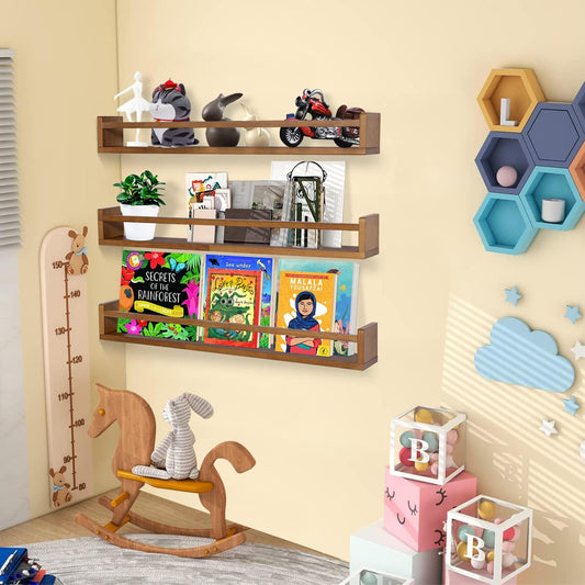 AZSKY Light Walnut Nursery Book Shelves 36 in Floating Wall Mounted Bookshelf Kids Room Hanging Shelves Books Storage Organizer a Set of 3