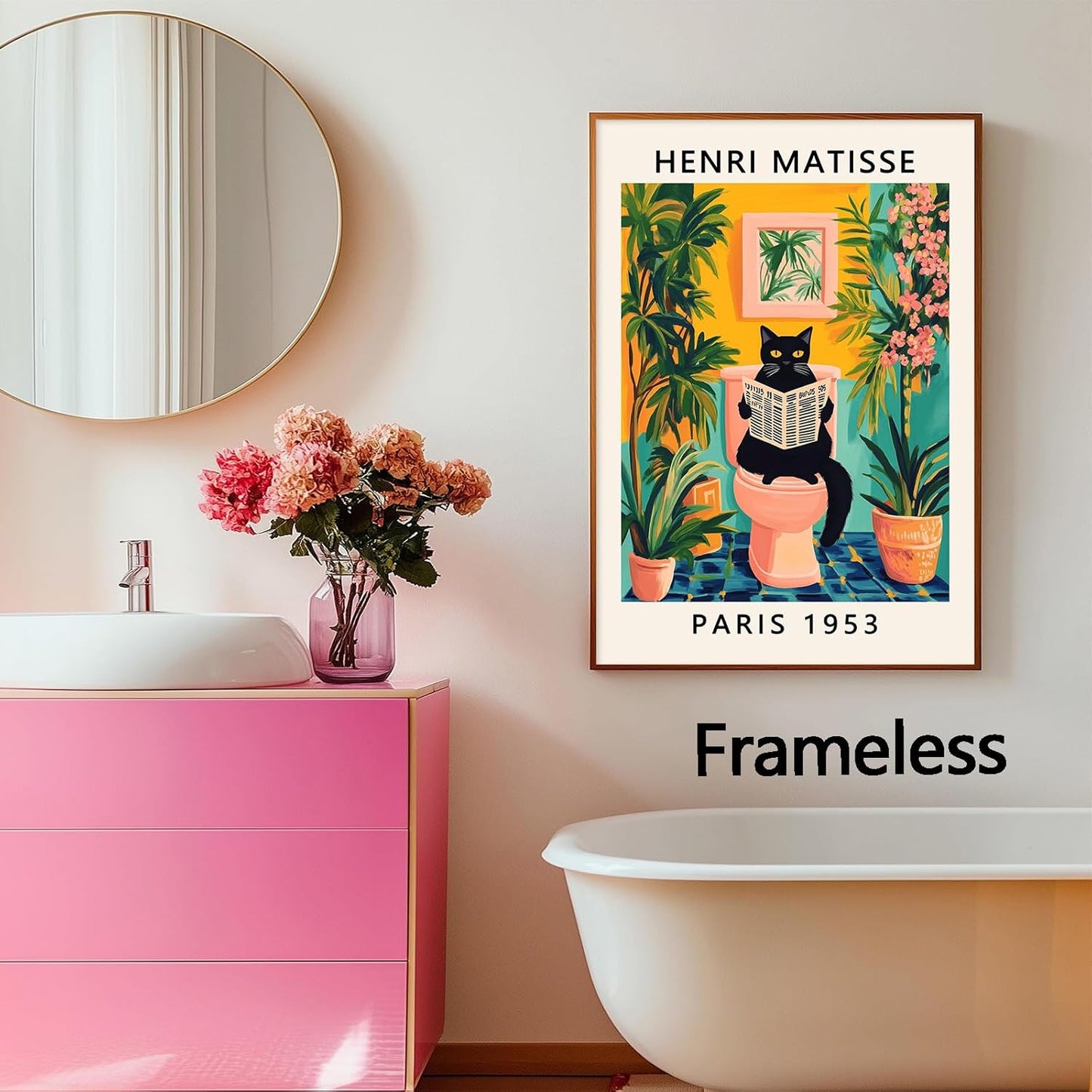 Matisse Black Cat Wall Art Funny Animal Aesthetic Posters Aesthetic Preppy Pictures Boho Artwork For Bathroom Black Cat On Toilet Reading Newspaper Wall Art Matisse Botanical Prints 16x24in Frameless