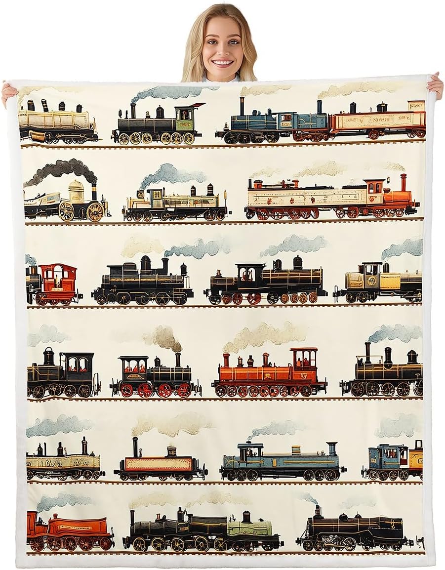 Feelyou Kids Vintage Train Fleece Throw Blanket Throw 50"x60" Retro Steam Engine Sherpa Blanket Boys Girls Retro Steam Locomotive Train Plush Blanket Vehicle Train Fuzzy Blanket
