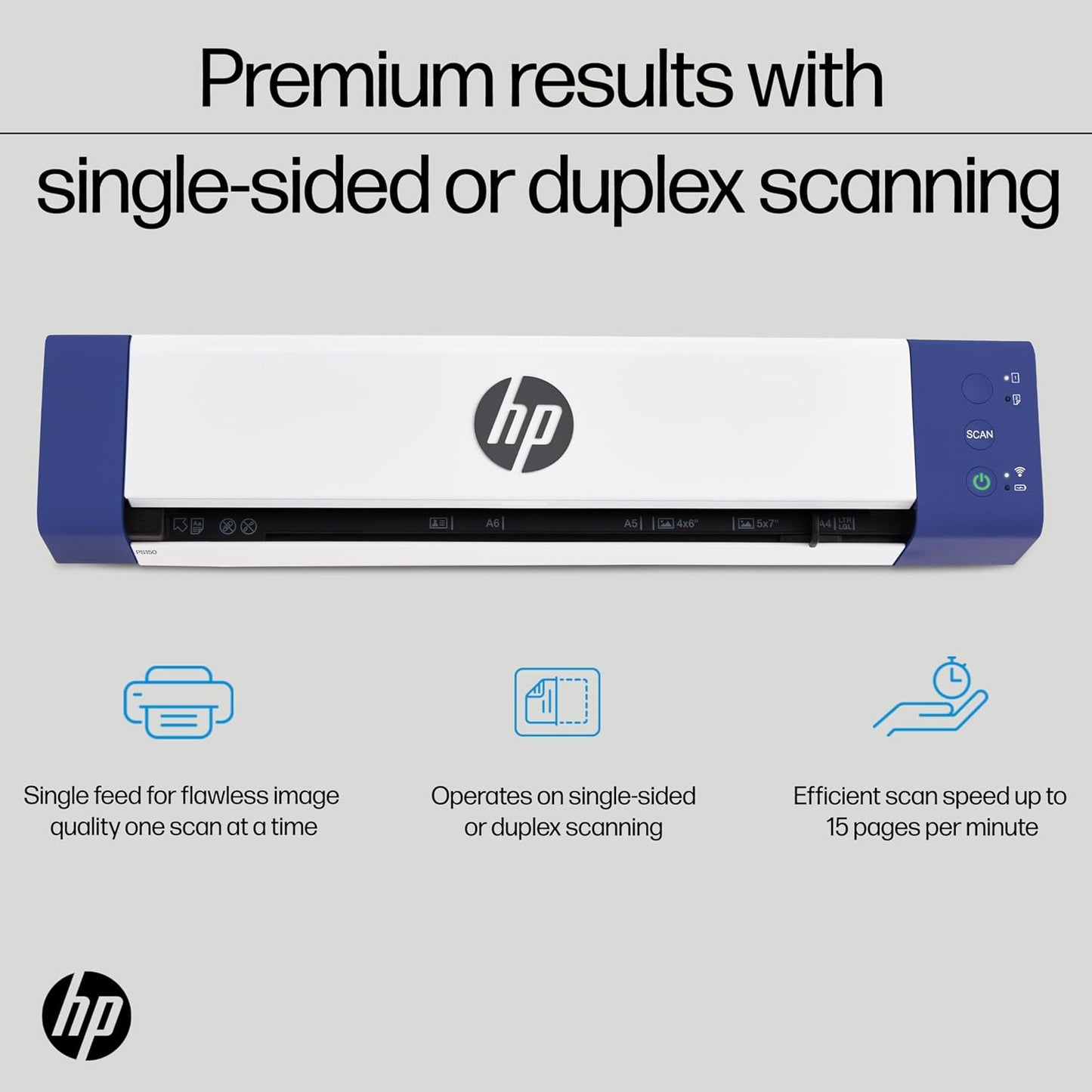 HP PS150 Portable Document Scanner | Compact, Portable, Wireless Digital Scanner with Duplex Mode for Home & Office | Rechargeable, USB & Wi-Fi Direct, Compatible with Mac & Windows PC and Laptop