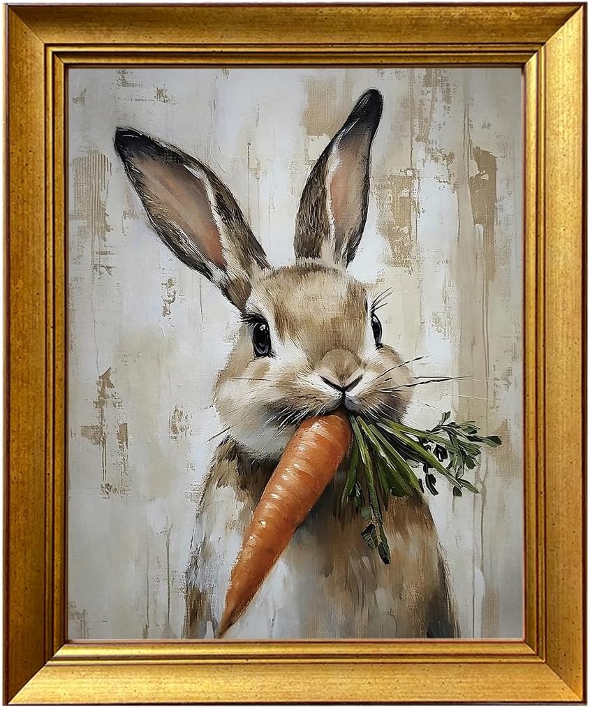 Cute Easter Bunny Reading Book Oil Painting Vintage Gold Framed Wall Art Tiny Rabbig Big Glasses Canvas Print Spring Nursery Decor for Kids Room Study Room Bedroom