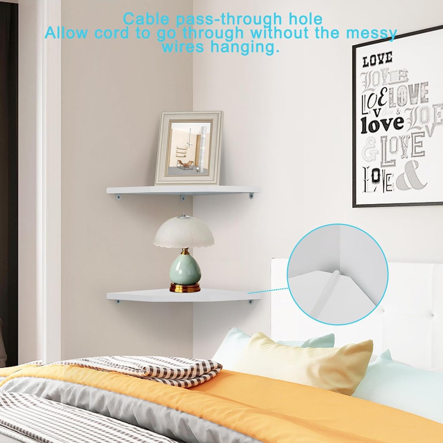 Joiishom Wood Corner Wall Shelves Set of 2, Solid Wood Corner Floating Shelves, Round End Wall Mounted Floating Corner Shelf for Bedroom, Living Room and Kitchen. (White-12 inch)