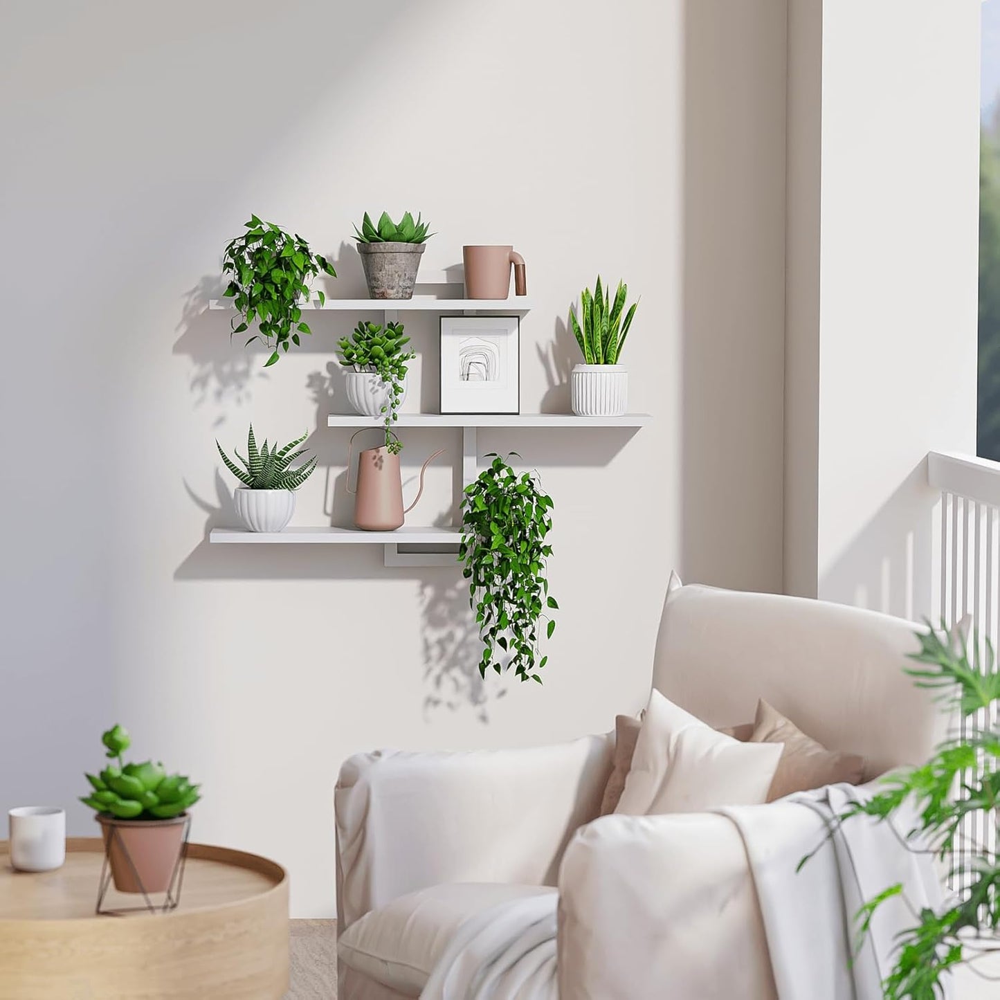 Homode Floating Shelves, Set of 3 Wooden Hanging Shelves for Bathroom and Bedroom Storage, Decorative Wall-Mounted Display Shelf for Plants, Books, Pictures, White