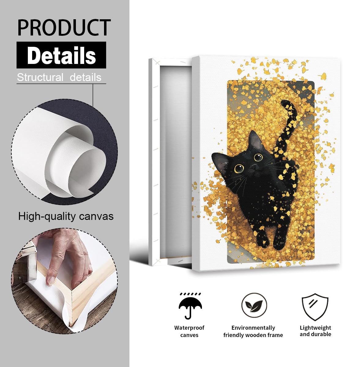 OAOPIC Black Cat Canvas Wall Art, Cat Sits Among Autumn Falling Maple Leaves Poster, Cozy Fall Season Halloween Wall Decor, Thanksgiving Day Cute Kitty Painting Gift for Animal Lover 8x12in Unframed