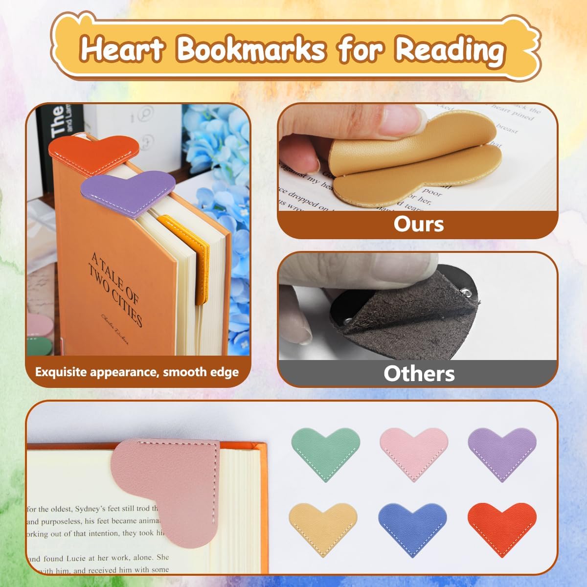 Leather Heart Bookmarks, HOMTEK 6pcs Cute Corner Page Book Marks for Reading Women, Book Lovers Teachers Students, Cute Handmade Reading Gifts(Love A-6pcs)