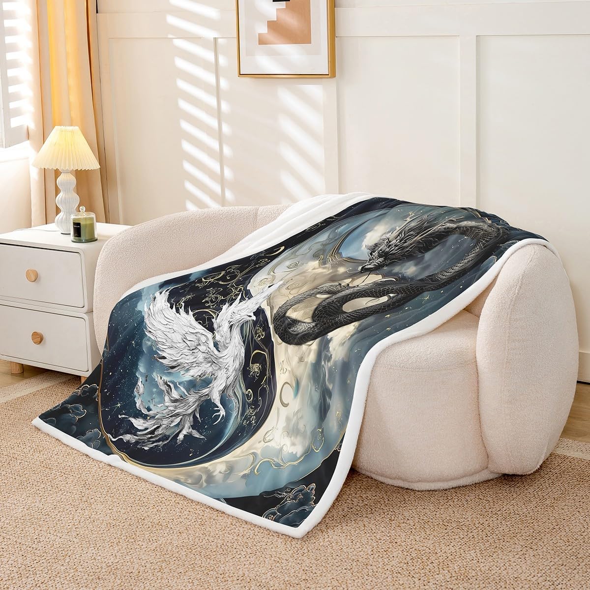 Erosebridal Dragon Sherpa Blanket Japanese Ukiyoe Throw Blanket Exotic Animal Queen 90"X90" Ancient Loong Phoenix Fleece Blanket for Boys Teen Bedroom, Yin Yang Fuzzy Blanket Bed Couch