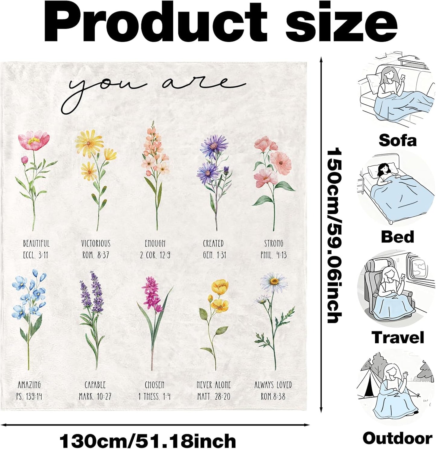 Christian Gifts for Women, Christian Throw Blanket with Flowers, Religious Flannel Blanket, Inspirational Jesus Prayer Birthday Gift for Sister, Daughter, Mom, Soft Throw Blankets 50'' x 60''
