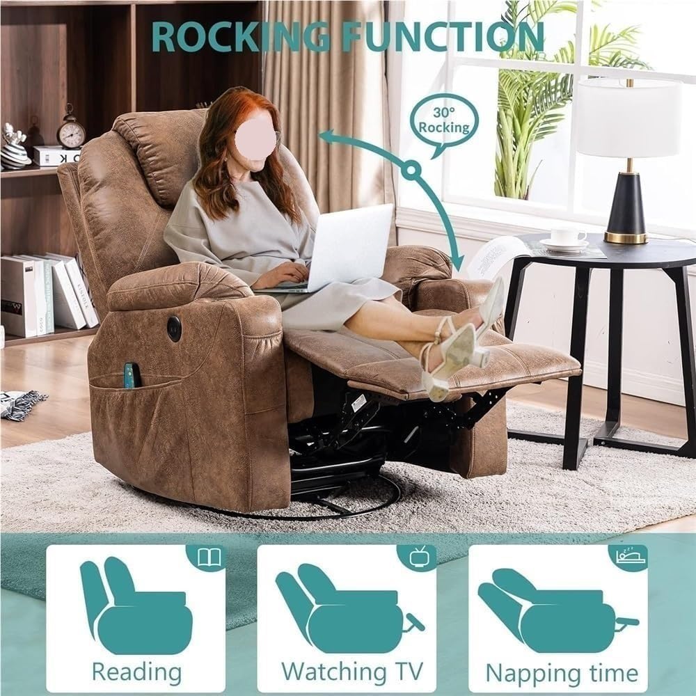 Ergonomic Swivel Rocker Massage Recliner Chair with Heat 360 Degree Manual Glider Rocking Reclining Chairs Lounge Sofa with Cup Holders for Living Room Bedroom