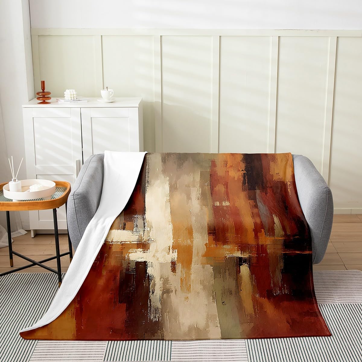 Feelyou Burnt Orange Fleece Throw Blanket Abstract Rust Art Flannel Blanket Plush Fuzzy Geometric Modern Chic for Bed Couch Chair Living Room Farmhouse Throw 50"x60" Bedroom Decor