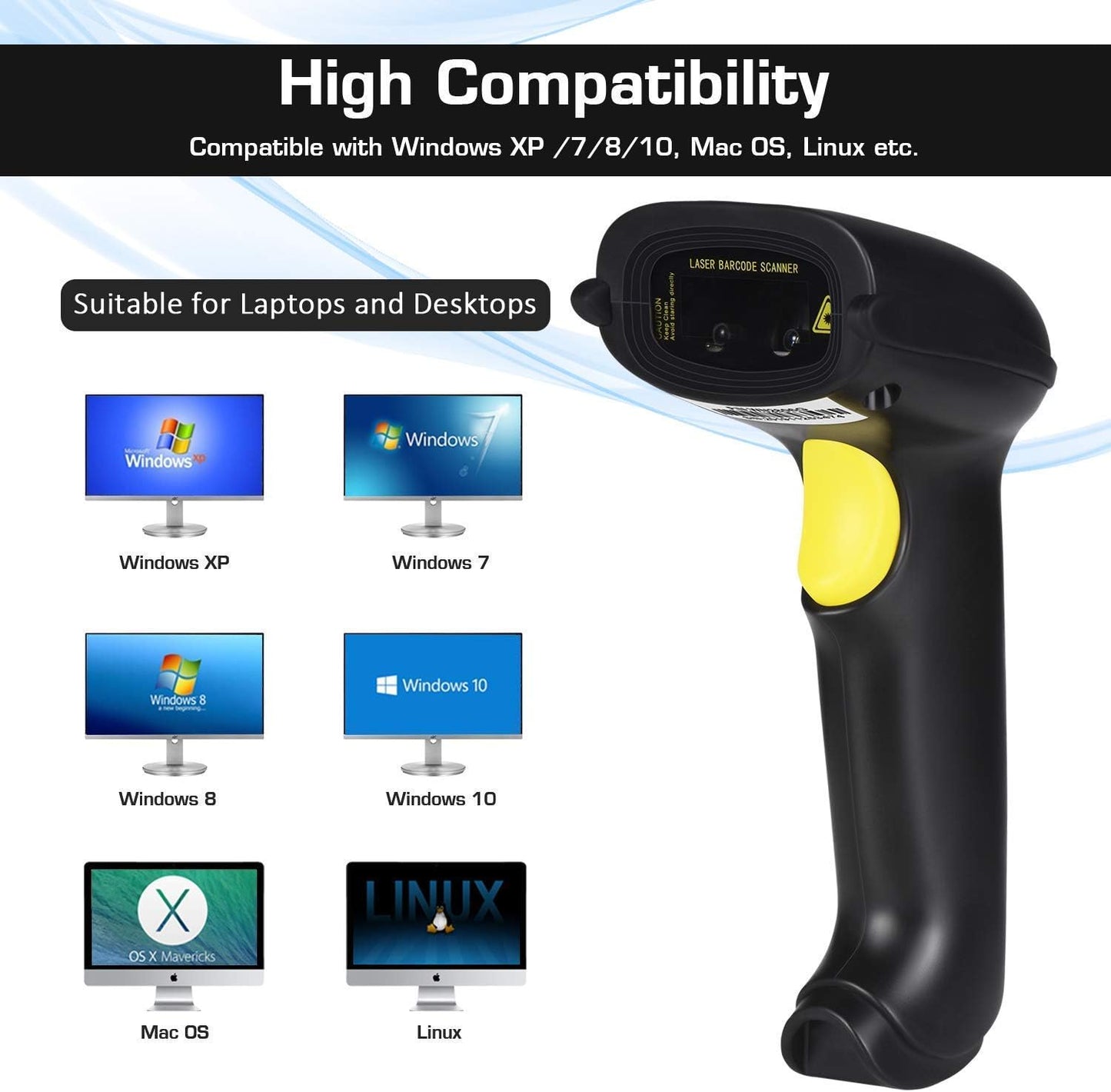 WoneNice Barcode Scanner USB 1D Laser Wired Handheld Bar Code Scanner Reader with Stand, Black