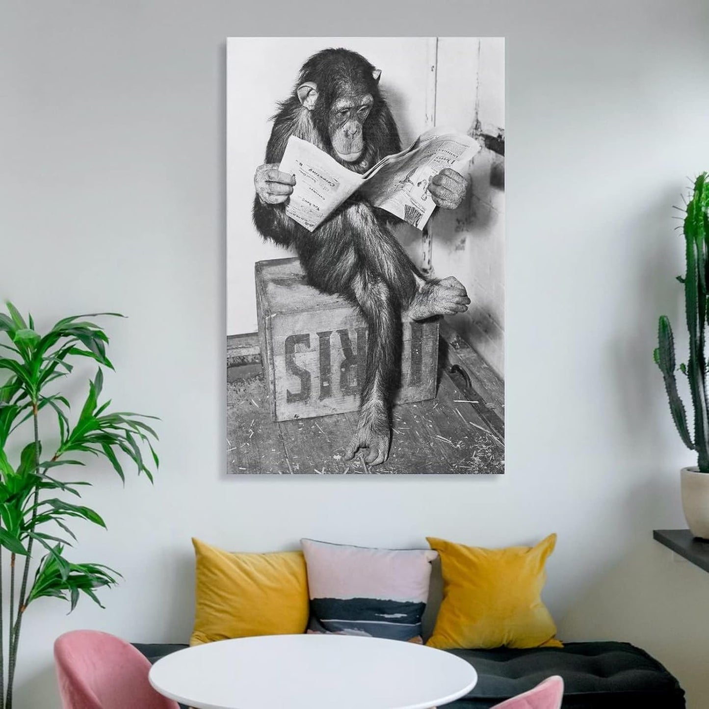 Animals Art Poster Monkey Reading Newspaper Canvas Painting Wall Art Posters and Prints Office Livin Canvas Painting Wall Art Poster for Bedroom Living Room Decor 20x30inch(50x75cm) Frame-Style-1