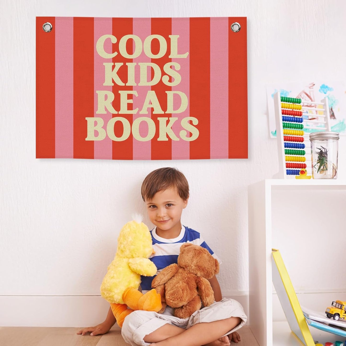 Reading Classroom Kids Banner Canvas, Cool Kids Read Books Decor,Retro Red Pink Library Hanging Flag Sign,Nursery Wall Tapestry Art for Dorm Toddler Room School Reading Corner Bedroom 20x30in