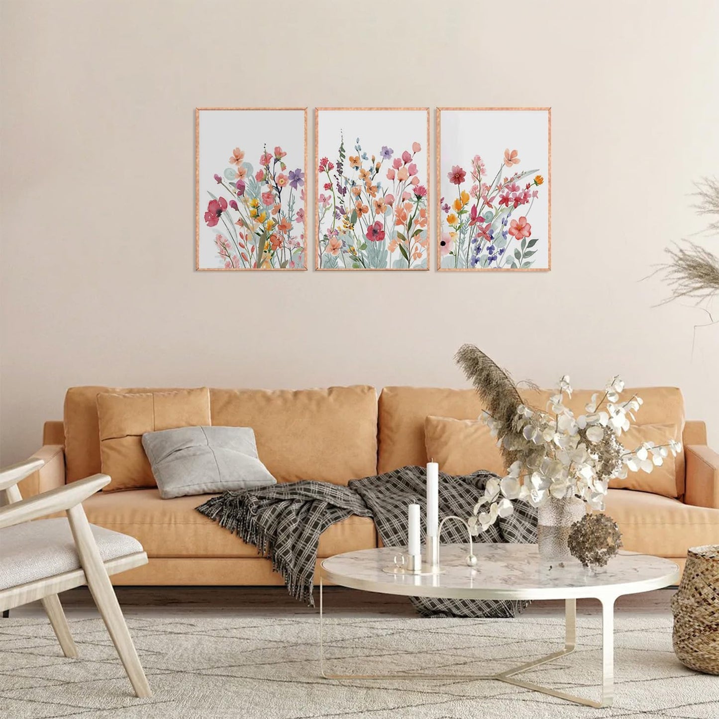 MTFBWY 3Pcs Framed Wildflower Canvas Wall Art – Red Floral Wall Art Watercolor Prints, Pink Botanical Artwork, Colorful Flower Pictures Decor Printing for Living Room, Bedroom, Bathroom 16L x 12W