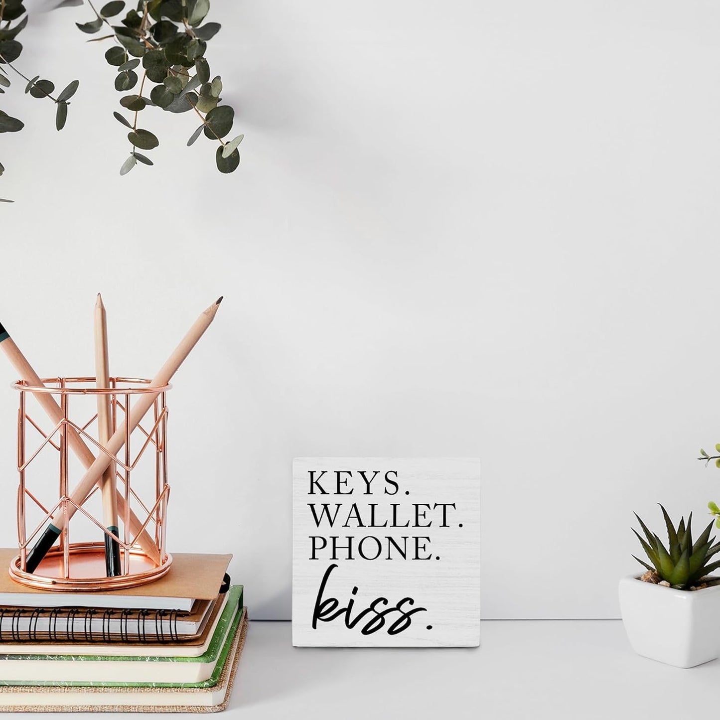 OFlich Wooden Entryway Table Decor - Box Sign, Keys Wallet Phone Holder, 6x6 Inches