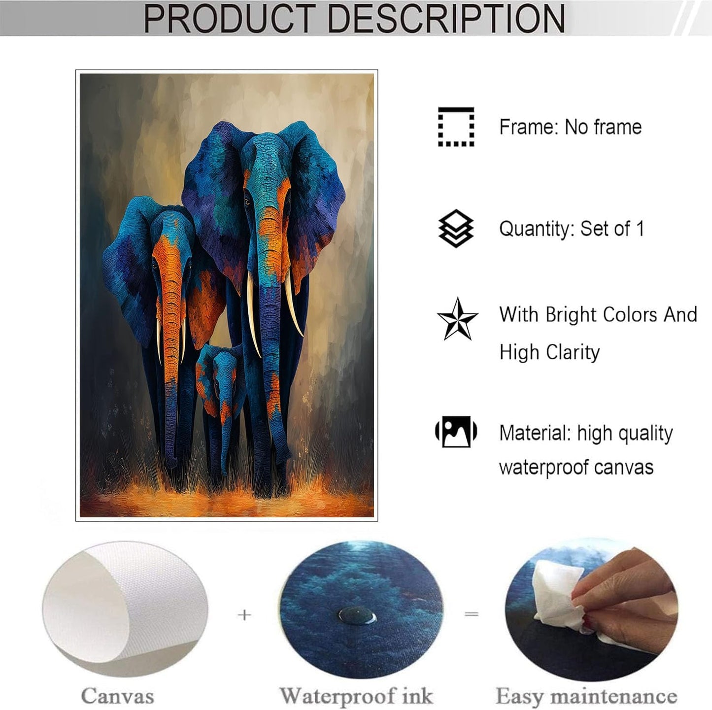 GDJSMIN Abstract Animal Texture Wall Art, Ferocious Elephant Pattern Poster for Reading Room Living Room Decor 12x 16 inch Unframed