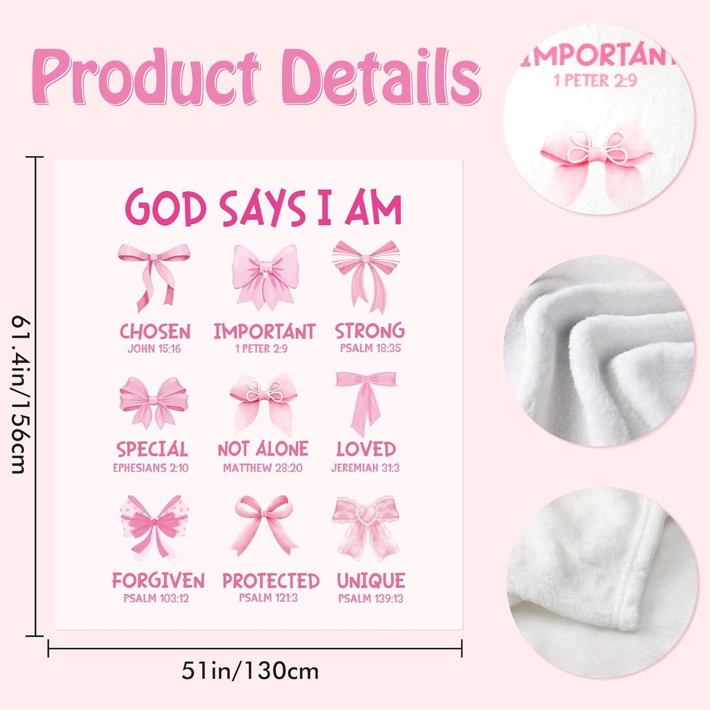 Christian Throw Blanket Women Gifts, Pink Bow Bible Verse Inspirational Faith-Based Soft Cozy White 50x60 Flannel Blankets, Gift for Religious Girls, Home Decor for Bed Sofa