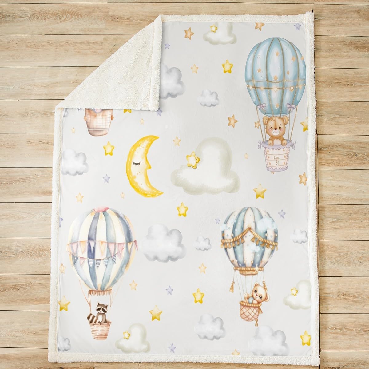 Hot Air Balloon Kids Throw Blanket,Cartoon Red Panda Bear Cute Animals Bed Blanket for Boys Girls,Moon Starry Sky Clouds Fleece Blanket,Blue Grey Fuzzy Blanket,Twin Size (60 x 80 Inches)