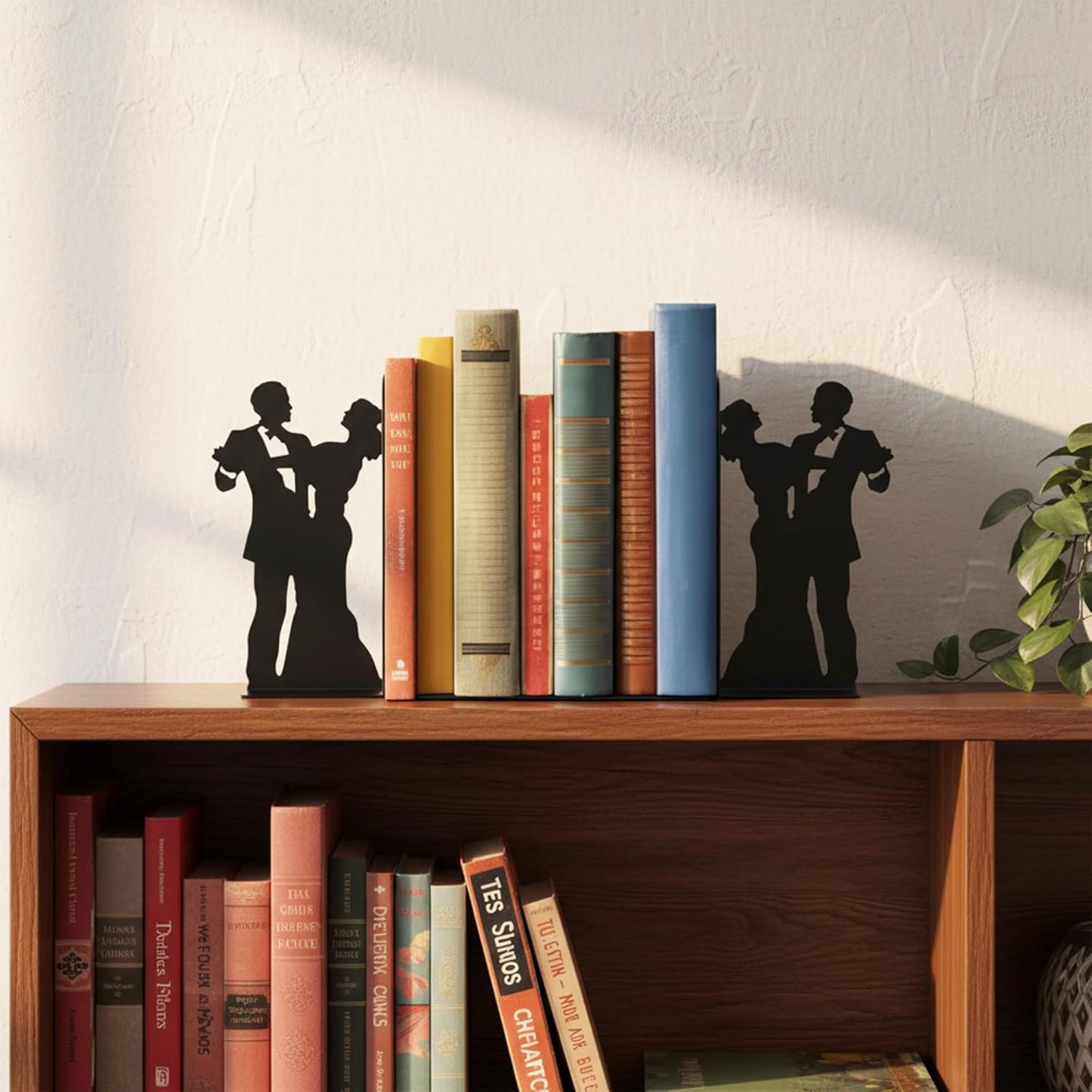 Modern Social Dance Metal Bookends for Shelves Decorative, Black Book Ends Nonskid Reading Stand Holder Home Decor Aesthetic for Office, Set of 2