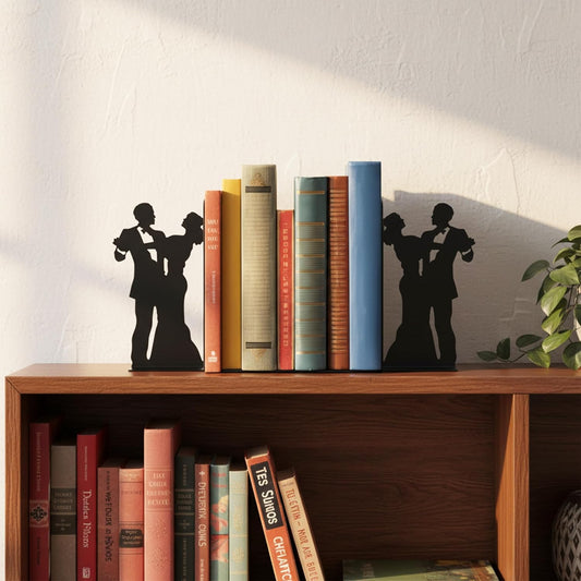 Modern Social Dance Metal Bookends for Shelves Decorative, Black Book Ends Nonskid Reading Stand Holder Home Decor Aesthetic for Office, Set of 2